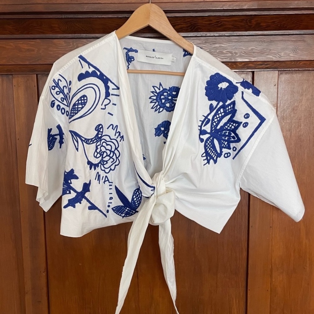 Hand-Tied White Crop Top with Blue Floral Embroidery